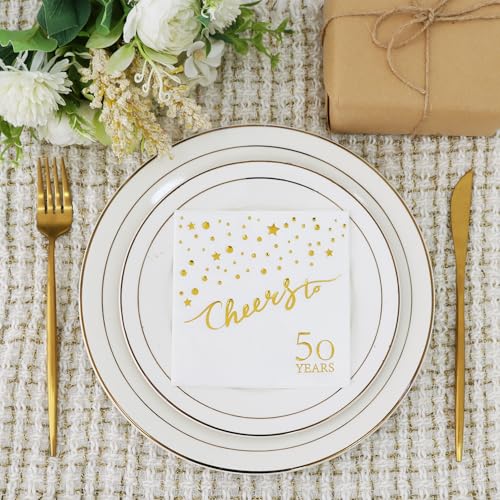 Vuzvuv 52 Pcs 50th Birthday Cocktail Napkins - Confetti White with Gold Dots, 3-Ply, 5" Folded, Cheers to 50 Years Party Supplies