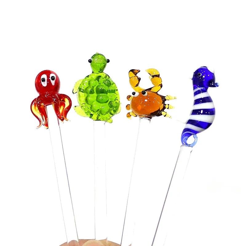 LiuliuBull Multicolor Glass Cocktail Swizzle Sticks 4pcs - Ocean Sea Creatures Decor