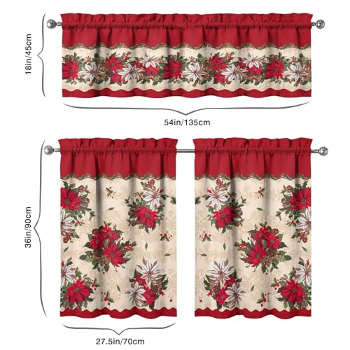 Red Christmas Flower Kitchen Curtains Set - Holiday Plaid & Snowflake Valances