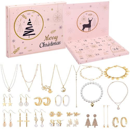 Christmas Jewelry Advent Calendar 2026 - 24 Surprise Earrings, Necklaces & Bracelets for Women