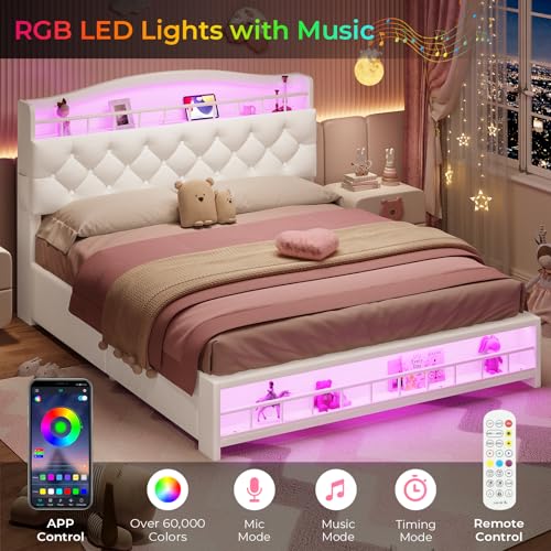 Full Size Bed Frame with Storage Drawers, LED Lights and Charging Station