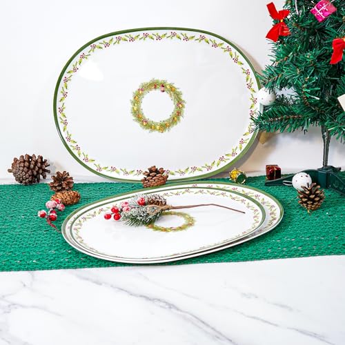 Oval Christmas Serving Tray Set of 3 Melamine Platters for Snacks Cookies Candy - Green & White
