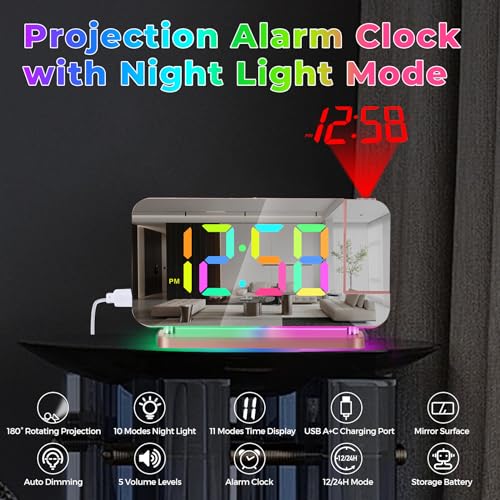 Digital Projection Alarm Clock with RGB Night Light and USB C Charging Port