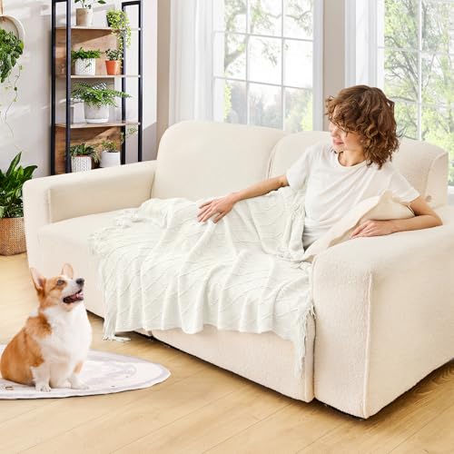 Off-White Knitted Throw Blanket with Tassels - 50x60 Inch Woven Decor