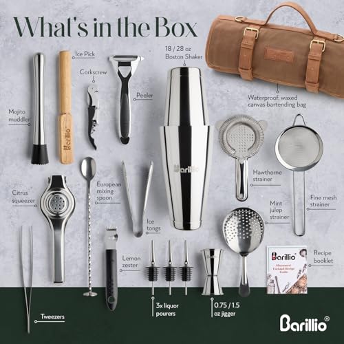 Barillio Brown Silver Waxed Canvas Travel Bartender Kit with 17-Pc Cocktail Set