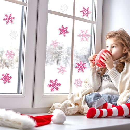Whaline 30Pcs Pink White Snowflake Thick Gel Clings Christmas Winter Window Gel Decals for Xmas Winter Party Home School Office Decor