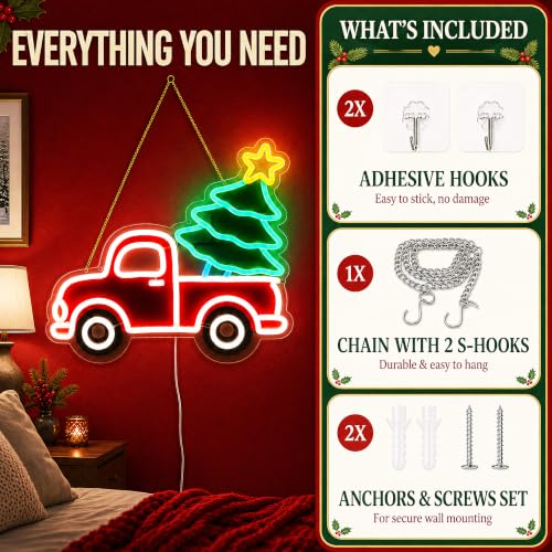 Christmas Truck LED Neon Sign - Holiday Wall Decor with Xmas Tree