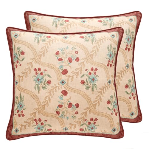 patdrea 18x18 Inch Pack of 2 Vintage Linen Square Throw Pillow Covers with Beige Idyll Pattern