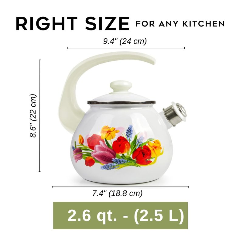 Enamel Kettle with Whistle 2.7 Qt (2.5 L) Stovetop Kettle with Ergonomic Handle, Enameled Steel Tea Pot for Stove Top, Vintage Kitchen Tea Kettle, Dishwasher and Induction Safe (Spring Bouquet)