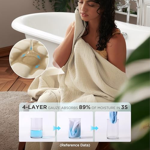 Bedsure 100% Cotton Muslin Blankets for Adults Large Throw 50x70 Inches - 4-Layer Breathable and Lightweight, Soft Boho Gauze Muslin Cotton Blanket for Couch Decor Travel Summer, Linen Beige