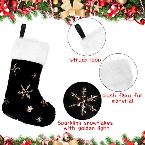 CCINEE 4 Pack 18-Inch Black Christmas Stockings with Gold Snowflake Sequin - Faux Fur Xmas Stockings