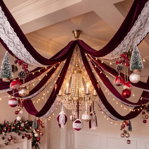 Yunlly Burgundy Velvet and Lace Ceiling Decorations - 6 Panels Christmas Drapes