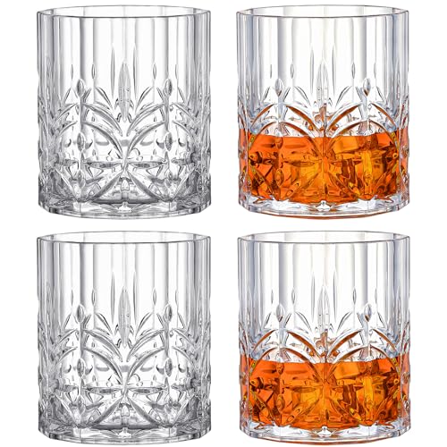Hlukana Unbreakable 14oz Plastic Whiskey Glasses Set of 6 - BPA-Free, Dishwasher Safe, Clear Old Fashioned Rocks Glasses for Scotch, Bourbon, Rum, Vodka, Cocktails