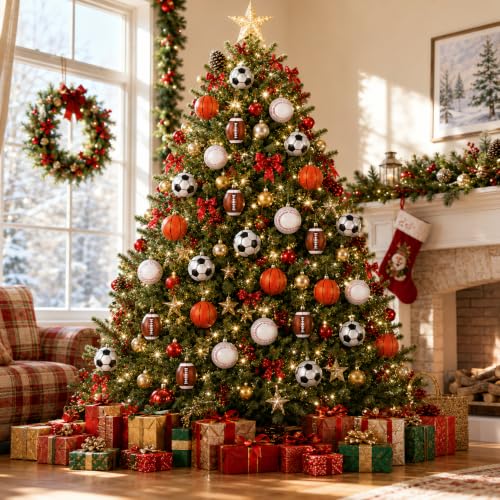 Syhood 64 Pcs Christmas Ball Ornaments with Hanging Loop – Football, Basketball, Rugby & Baseball Shapes