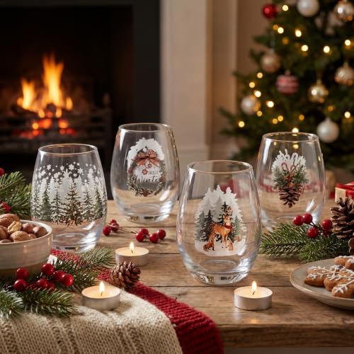 Potchen 4-Pack Christmas Forest Stemless Wine Glasses 18oz - Holiday Party Drinkware