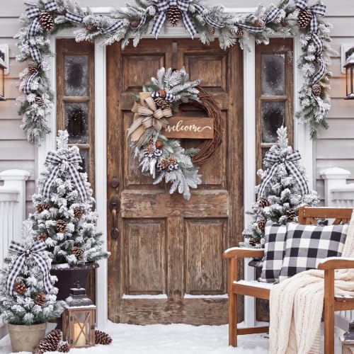 Winter Norfolk Pine Wreath with Cones - 19.69in Snowy Front Door Decor (Suncalla, Pine Cones)