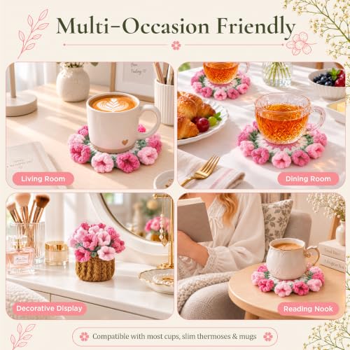 Vane Oak Pink Crochet Flower Coasters with Plant Pot - Handmade 1Pc