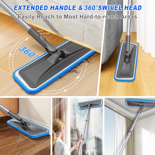 Microfiber Flat Mop for Hardwood & Tile Floors - 59" Handle & 4 Washable Pads