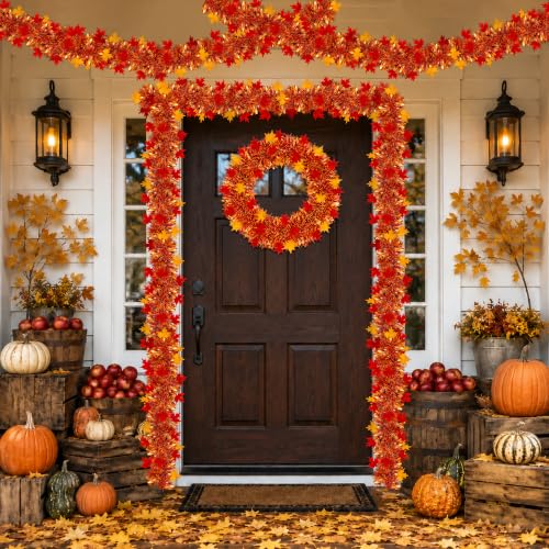 50ft Fall Maple Leaves Tinsel Garland, Metallic Twist Autumn Harvest Decor