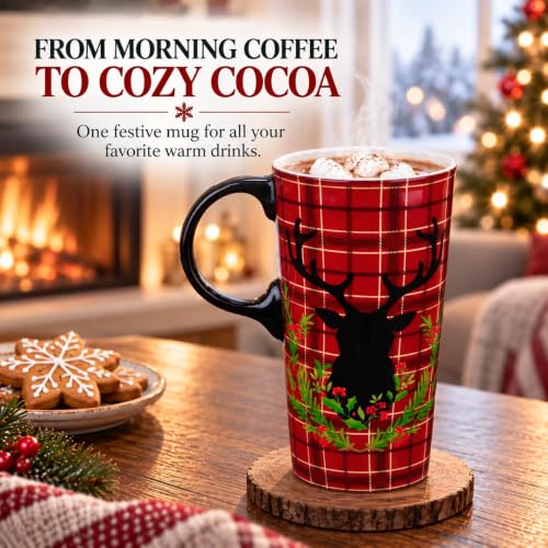 Topadorn Christmas Plaid Deer Ceramic Coffee Mug with Lid, 17oz Travel Cup