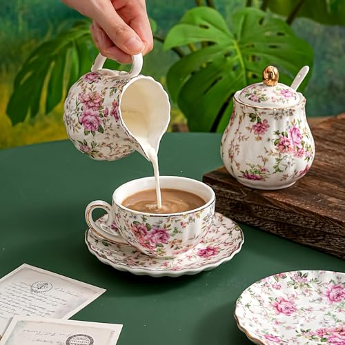 Agyiuns White Floral Tea Cups & Saucers Set - 6.4oz Porcelain Gold Trim, Elegant Gift