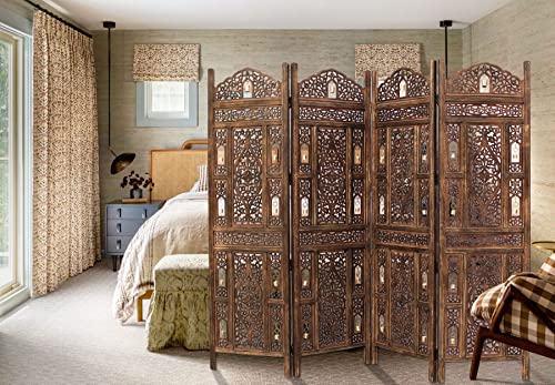 4-Panel Hand Carved Wood Room Divider, 72x80 Inch Folding Privacy Screen