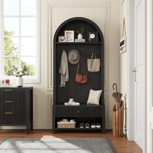 71-Inch Farmhouse Entryway Hall Tree with Coat Rack, Bench, and Shoe Storage