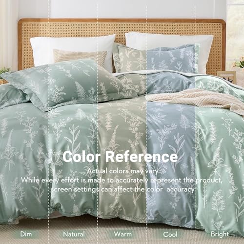 Reversible Green Floral Duvet Cover Set Queen - 3-Piece Microfiber Bedding