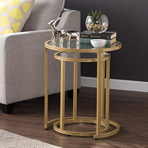 2-Piece Round Nesting Side Table Set, Gold Metal and Glass Accent Tables