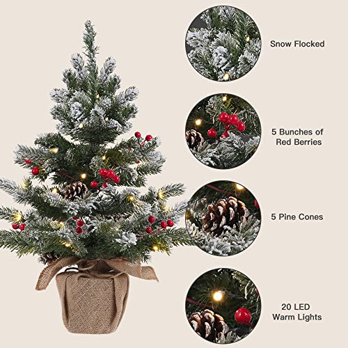 DECSPAS 2FT Pre-lit Snowy Mini Christmas Tree with 20 LED Lights, Red Berries & Pine Cones - Tabletop Holiday Decor