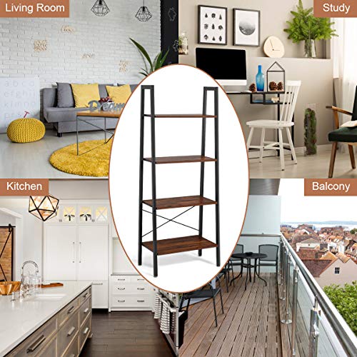 4-Tier Industrial Ladder Shelf - Rustic Brown Wood & Metal Bookshelf