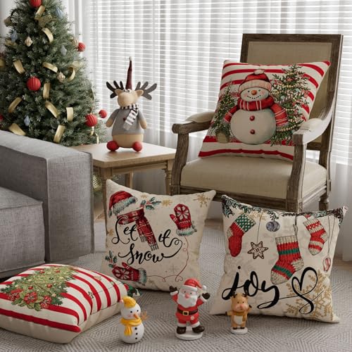 Christmas Pillow Covers Let it Snow Christmas Trees Socks Snowman Throw Pillow Cases Set of 4 Xmas Winter Decorations for Farmhouse Home Sofa Couch Cushion Cover Holiday Decor 18x18 Inch