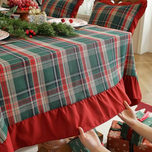 ZIQINPSQ Christmas Plaid Ruffle Tablecloth 55x55 inch - Red & Green