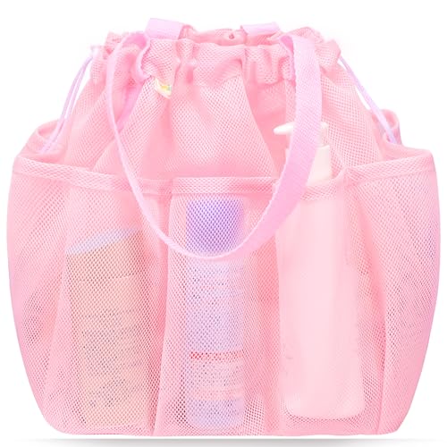 Mesh Shower Caddy Portable with Drawstring 8 Pockets Pink