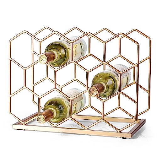 14-Bottle Geometric Metal Wine Rack - Freestanding Gold Countertop Holder