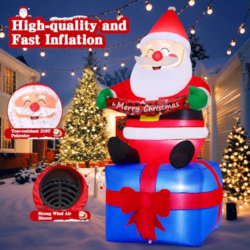 GOOSH 6 ft Christmas Santa Inflatable with LED Lights – Seated Santa on Gift Box with Banner