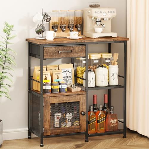 Farmhouse Coffee Bar Cabinet with Storage Drawers & See-Through Door