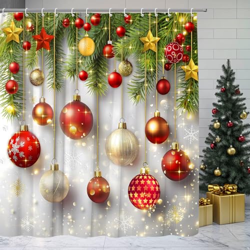 Christmas Ball Shower Curtain Set 70x70 in Red Green Pine Snowflakes with Hooks - HYKHYK