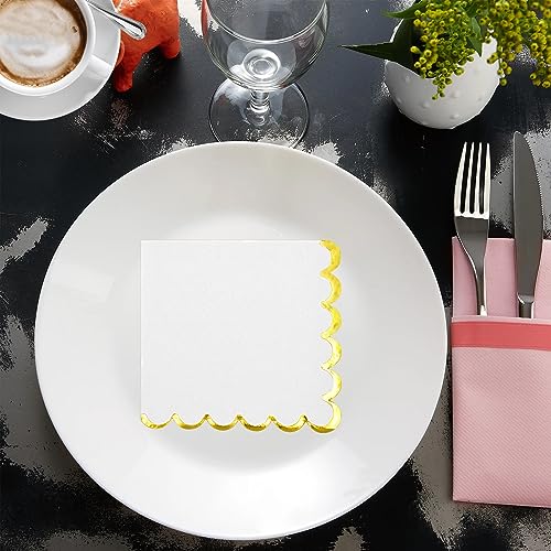 200 Pack White and Gold Scalloped Cocktail Napkins - Disposable Party Tableware