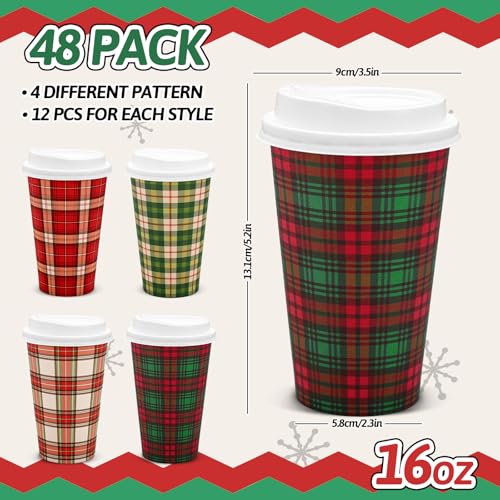 JarThenaAMCS 16 oz Christmas Buffalo Plaid Disposable Coffee Cups with Lids, 48 Pcs