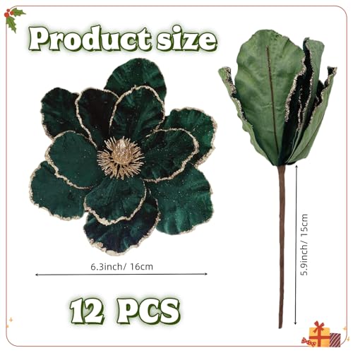 12 Pcs Velvet Poinsettia Flowers Ornaments for Christmas Tree - Dark Green, 8.8 Inch