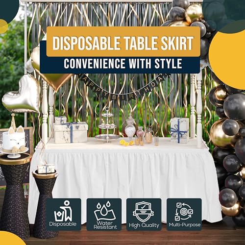 Disposable White Plastic Table Skirts, 14ft Adhesive Table Wrap, 6 Pack