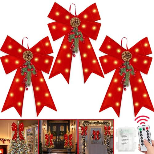 3 Pack Large Prelit Christmas Bows with LED Lights, Berries, Pinecones & Remote Control