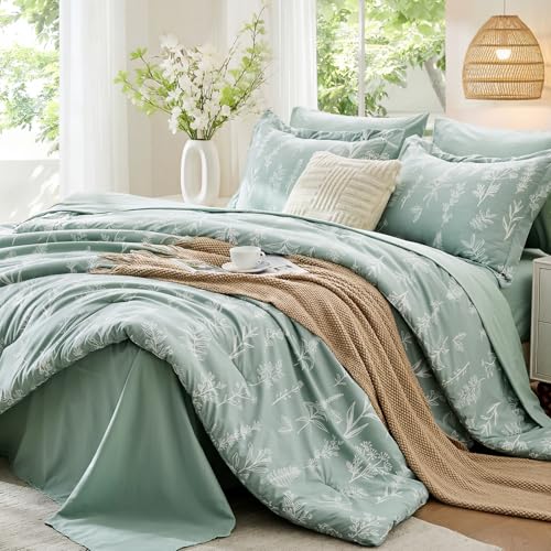 7-Piece Queen Comforter Set Sage Green Botanical Floral Bed in a Bag