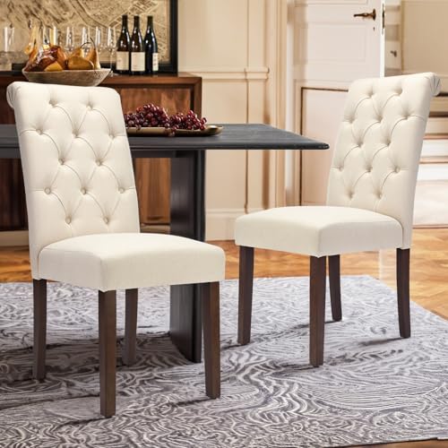 Tufted Upholstered Dining Chairs - Set of 2, Beige Linen Parsons Chairs