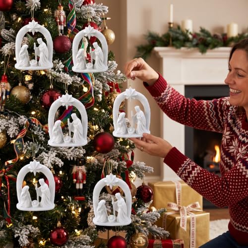 Nativity Scene Christmas Ornaments Set - Holy Family Religious Decor, Snowy Finish, 6-Pack