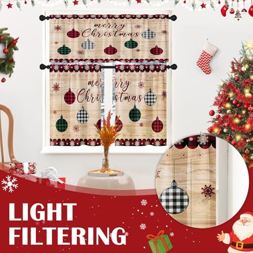 Christmas Kitchen Curtains with Valance, Red Gingham Plaid, 36 Inch - Red Ball Wood Variation