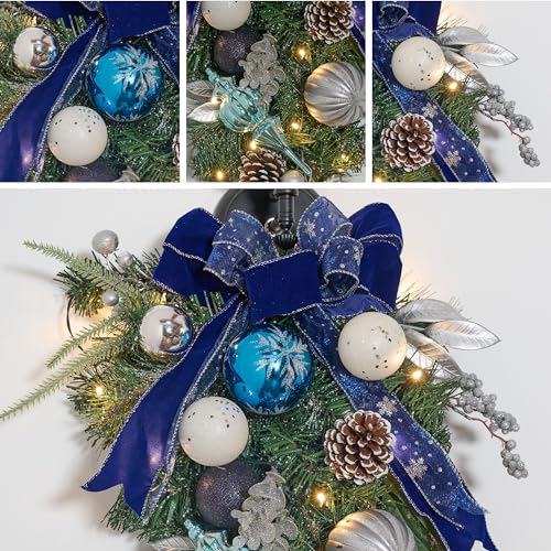 24-Inch Pre-Lit Christmas Teardrop Swag with LED Lights, Silver and Blue