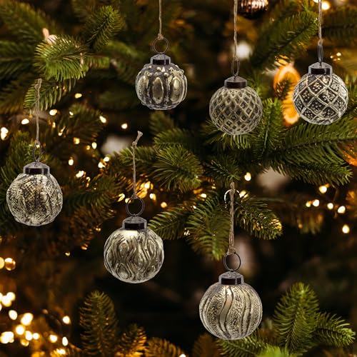 AuldHome Design Farmhouse Ball Ornaments Set of 6 - 2in Antique Gold Distressed Metal Glass