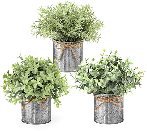3 Pack Small Artificial Potted Plants in Galvanized Metal Pots, Rustic Decor